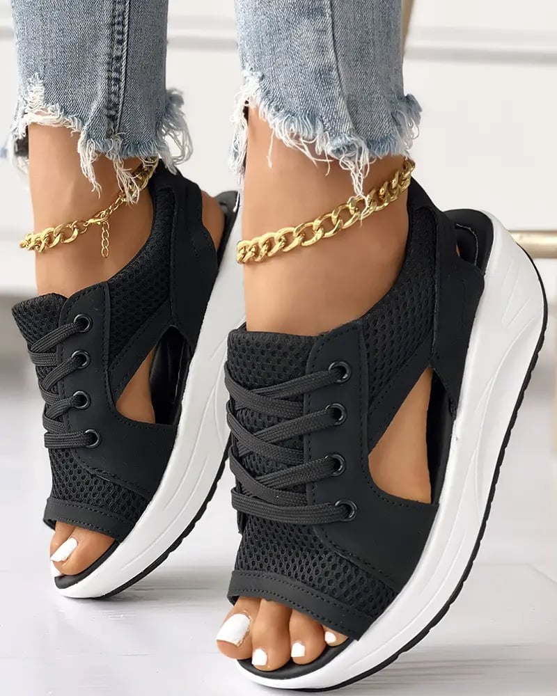 Women Contrast Paneled Cutout Lace-up Muffin Sandals