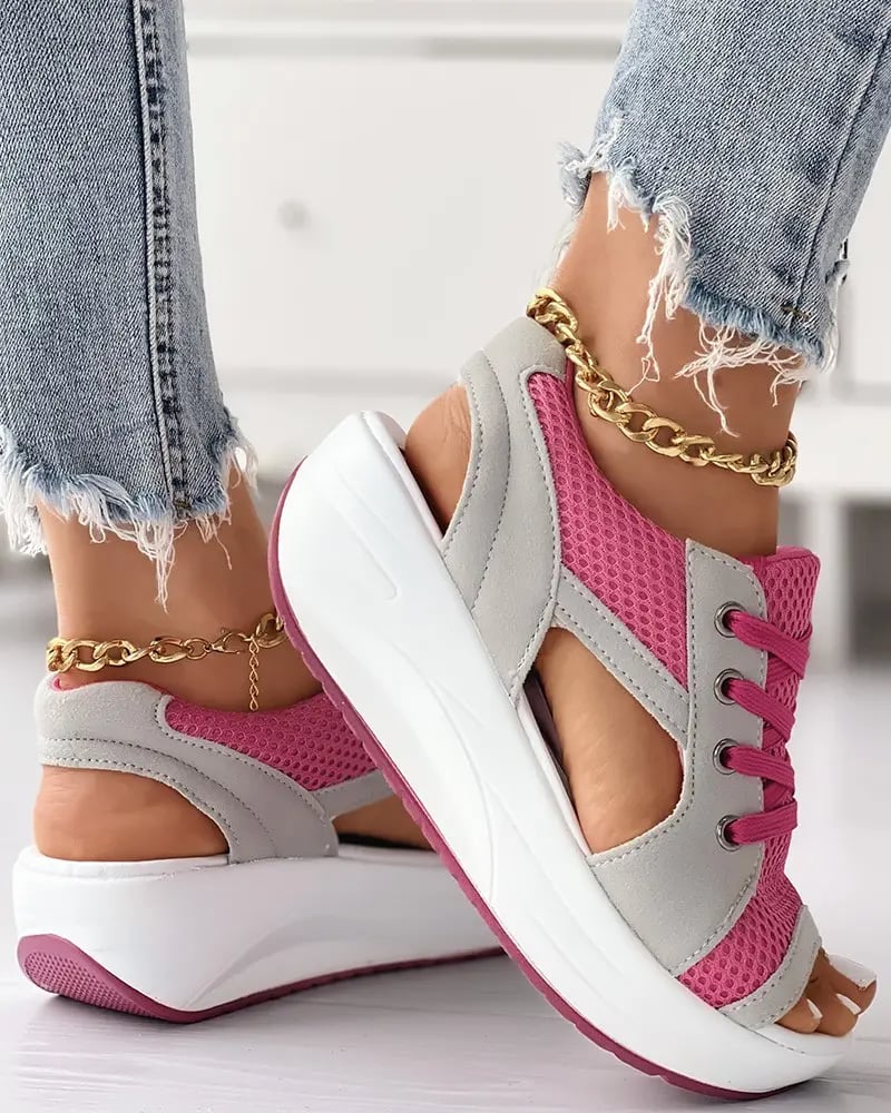 Women Contrast Paneled Cutout Lace-up Muffin Sandals