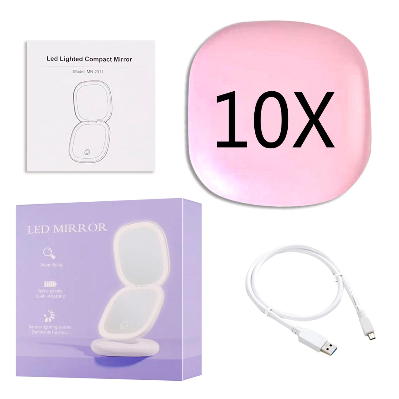 Signil™ Mini LED 10x Magnifying Cosmetic Mirror with different light settings, USB chargeable